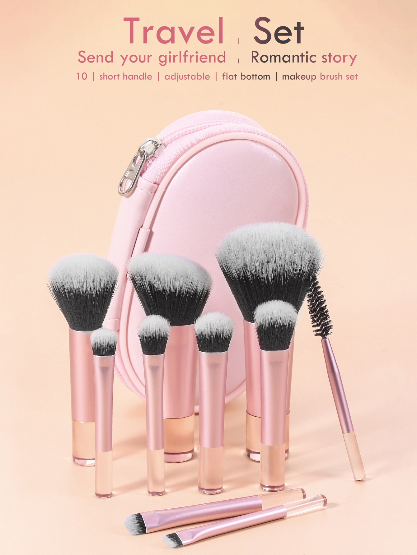 10 Pink Short Handle Portable Brush Set with Pouch